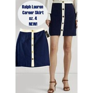 NWT Ralph Lauren sz. 4 Career Skirt Pencil Logo Buttons Navy Cream Women's Small